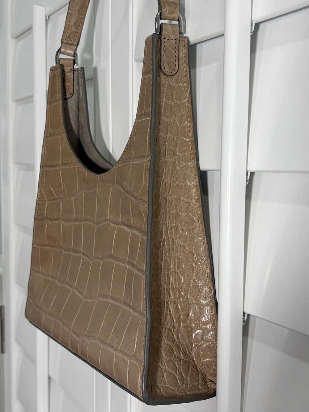 STAUD Mini Rey Taupe Croc-Embossed Top-Handle Bag - Picture 9 of 12